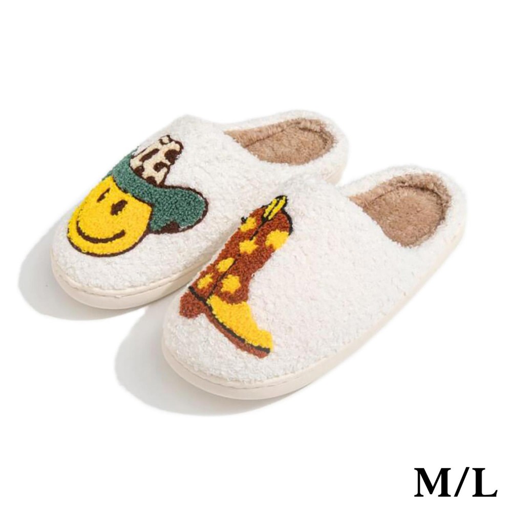 Plush Happy Face Cowboy & Boot Slide On Slippers - US Women's Size: S/M (6-8) M/L (8-10) - 100% Polyester - Rubber Sole view 2