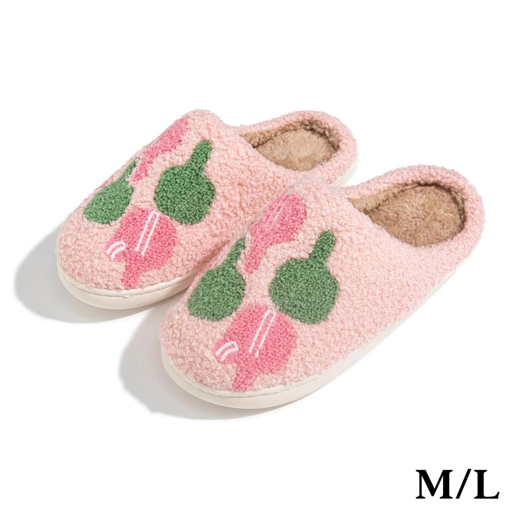 Plush Pickleball Rackets Slide On Slippers - US Women's Size: S/M (6-8) M/L (8-10) - 100% Polyester - Rubber Sole view 2
