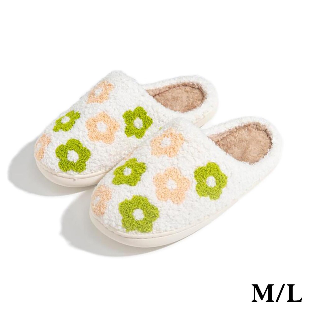 Plush Flowers Slide On Slippers - US Women's Size: S/M (6-8) M/L (8-10) - 100% Polyester - Rubber Sole view 2