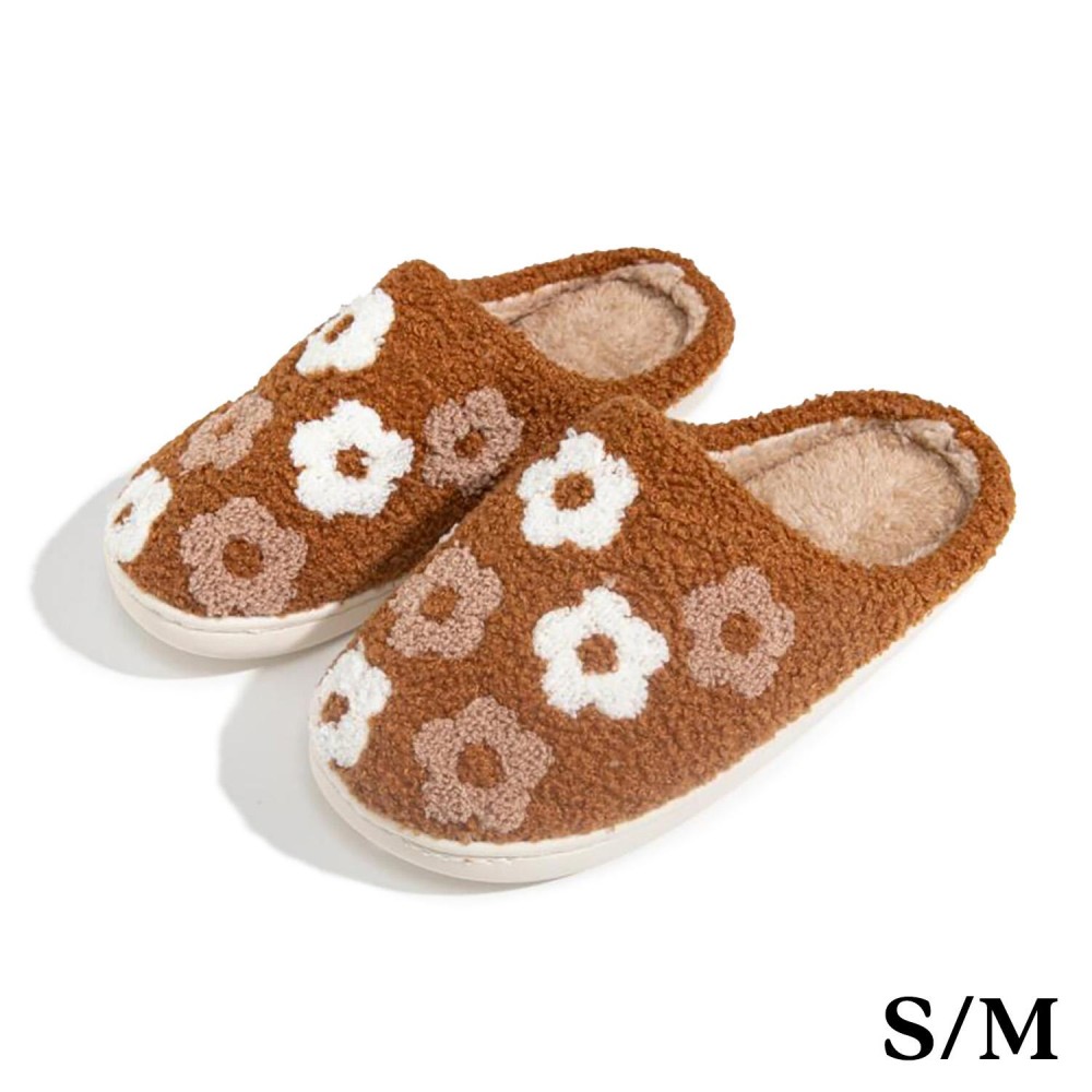 Plush Flowers Slide On Slippers - US Women's Size: S/M (6-8) M/L (8-10) - 100% Polyester - Rubber Sole view 2