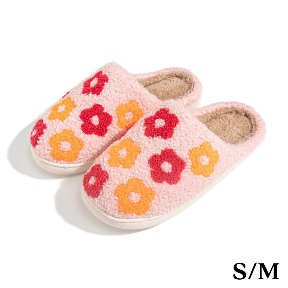 Plush Flowers Slide On Slippers - US Women's Size: S/M (6-8) M/L (8-10) - 100% Polyester - Rubber Sole view 2