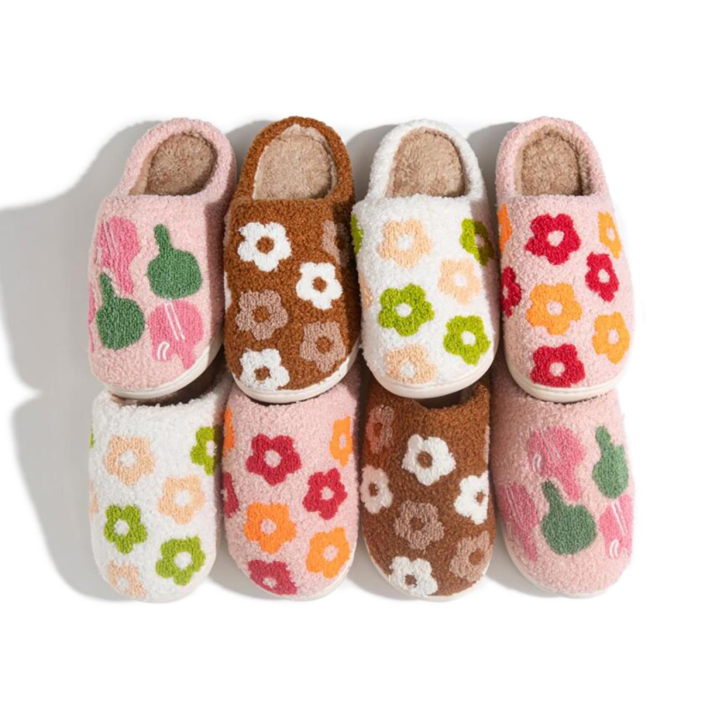 Plush Flowers Slide On Slippers - US Women's Size: S/M (6-8) M/L (8-10) - 100% Polyester - Rubber Sole view 4