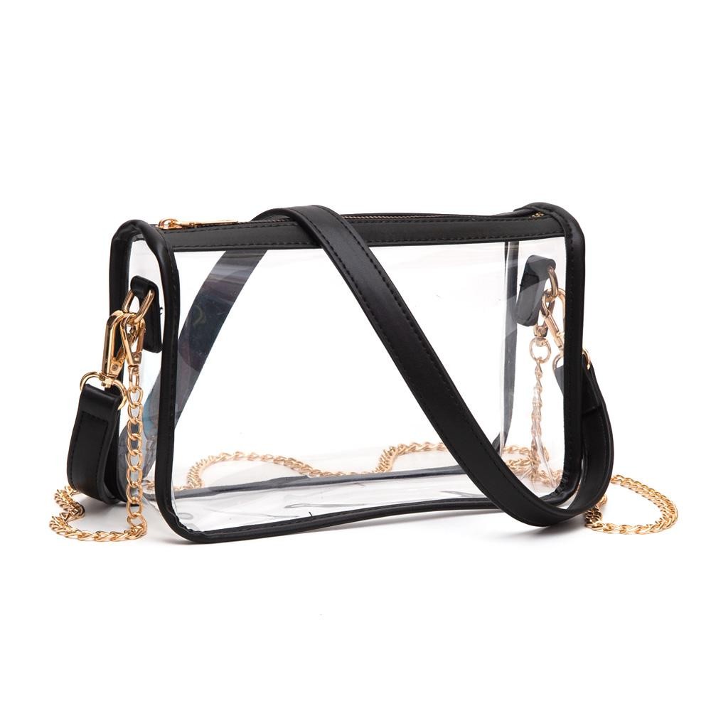 Clear Crossbody Bag With Vegan Leather Trim and Two Removable Straps - Zip Closure - Two Removable Straps: One Chain / One Vegan Leather - Approximately 9" W x 6" T x 3" W - Strap Drops: Vegan Leather 12" L / Chain Strap 21" L view 2