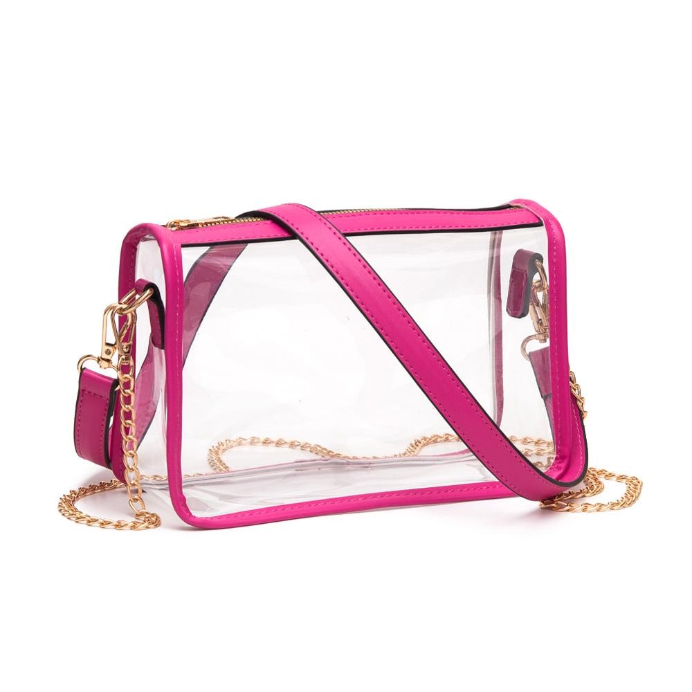 Clear Crossbody Bag With Vegan Leather Trim and Two Removable Straps - Zip Closure - Two Removable Straps: One Chain / One Vegan Leather - Approximately 9" W x 6" T x 3" W - Strap Drops: Vegan Leather 12" L / Chain Strap 21" L view 2