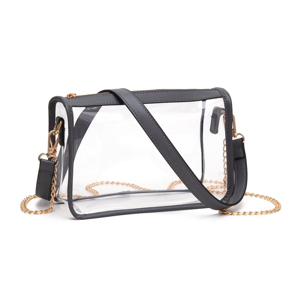 Clear Crossbody Bag With Vegan Leather Trim and Two Removable Straps - Zip Closure - Two Removable Straps: One Chain / One Vegan Leather - Approximately 9" W x 6" T x 3" W - Strap Drops: Vegan Leather 12" L / Chain Strap 21" L view 2