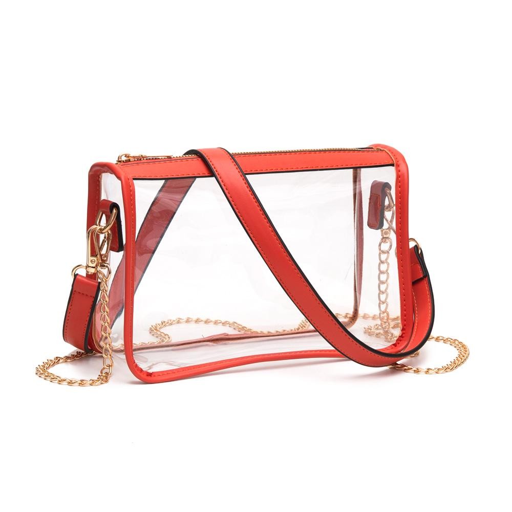 Clear Crossbody Bag With Vegan Leather Trim and Two Removable Straps - Zip Closure - Two Removable Straps: One Chain / One Vegan Leather - Approximately 9" W x 6" T x 3" W - Strap Drops: Vegan Leather 12" L / Chain Strap 21" L view 2