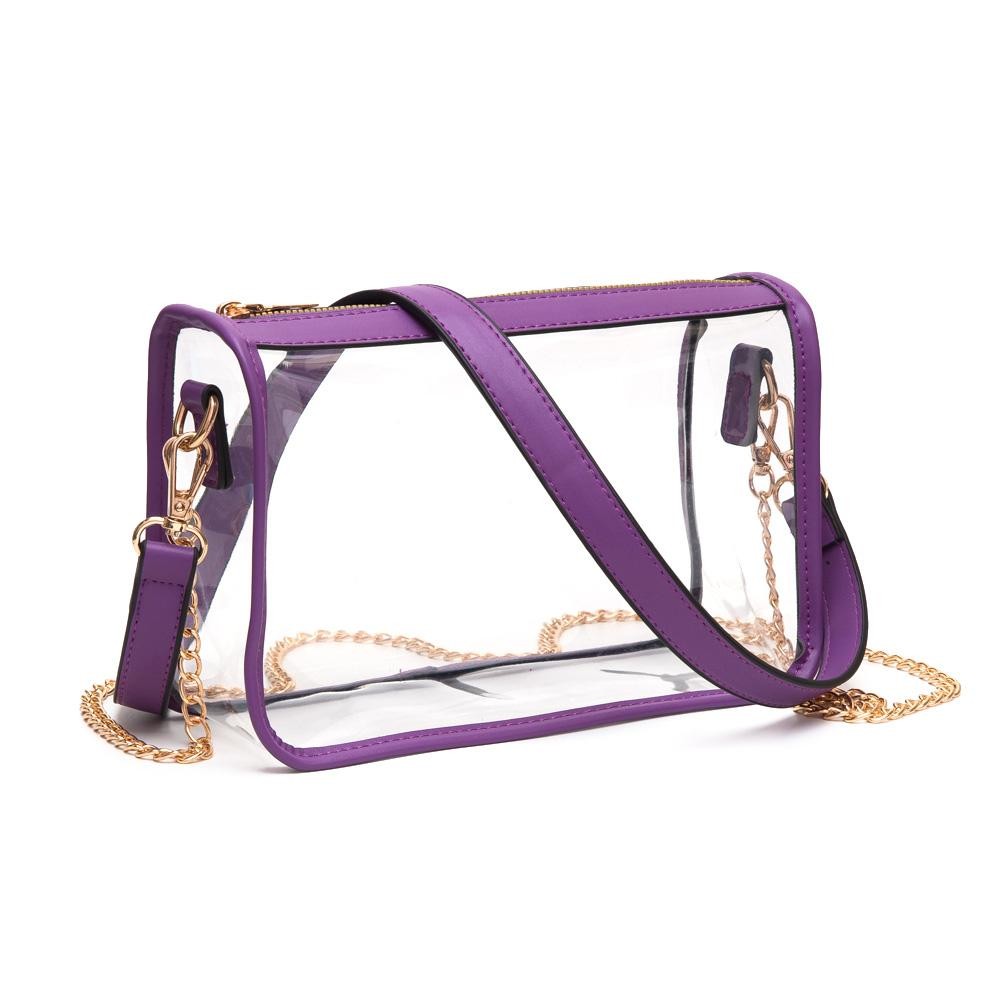 Clear Crossbody Bag With Vegan Leather Trim and Two Removable Straps - Zip Closure - Two Removable Straps: One Chain / One Vegan Leather - Approximately 9" W x 6" T x 3" W - Strap Drops: Vegan Leather 12" L / Chain Strap 21" L view 2