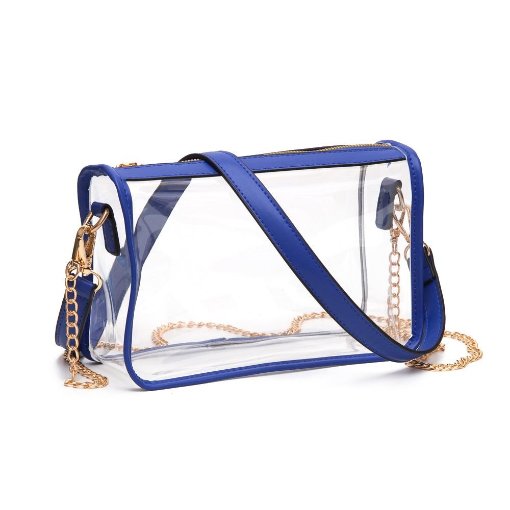 Clear Crossbody Bag With Vegan Leather Trim and Two Removable Straps - Zip Closure - Two Removable Straps: One Chain / One Vegan Leather - Approximately 9" W x 6" T x 3" W - Strap Drops: Vegan Leather 12" L / Chain Strap 21" L view 2