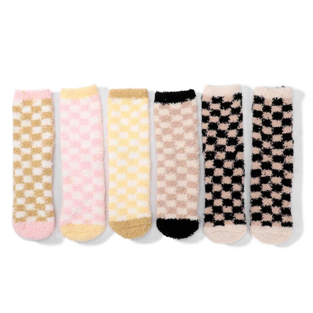 Soft Plush Knit Checker Socks (6-pack) - One Size Fits Most (Sizes Adult 6-11) - Assorted Colors - 100% Poly Microfiber view 2