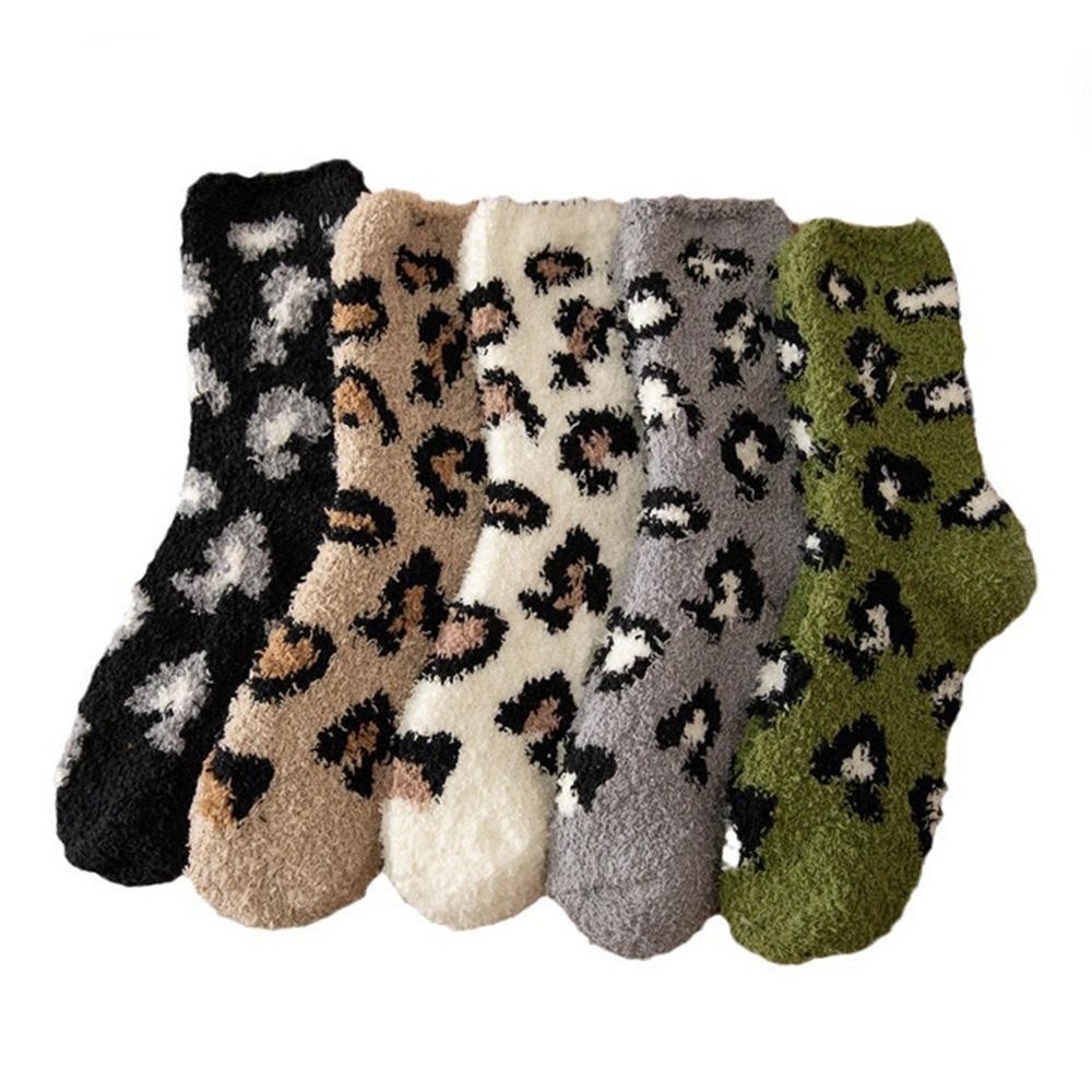 Soft Plush Knit Leopard Print Socks (6-pack) - One Size Fits Most (Sizes Adult 6-11) - Assorted Colors - 100% Poly Microfiber view 2