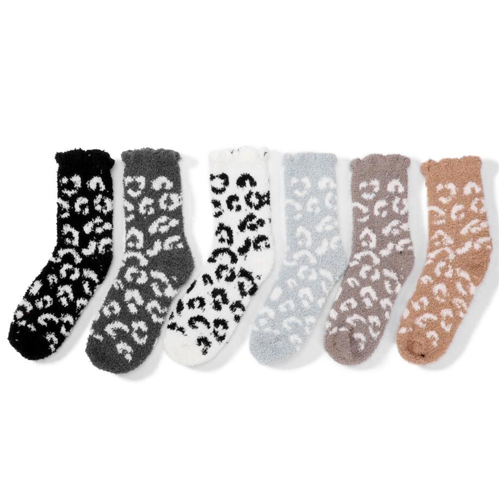Soft Plush Knit Leopard Print Socks (6-pack) - One Size Fits Most (Sizes Adult 6-11) - Assorted Colors - 100% Poly Microfiber view 2