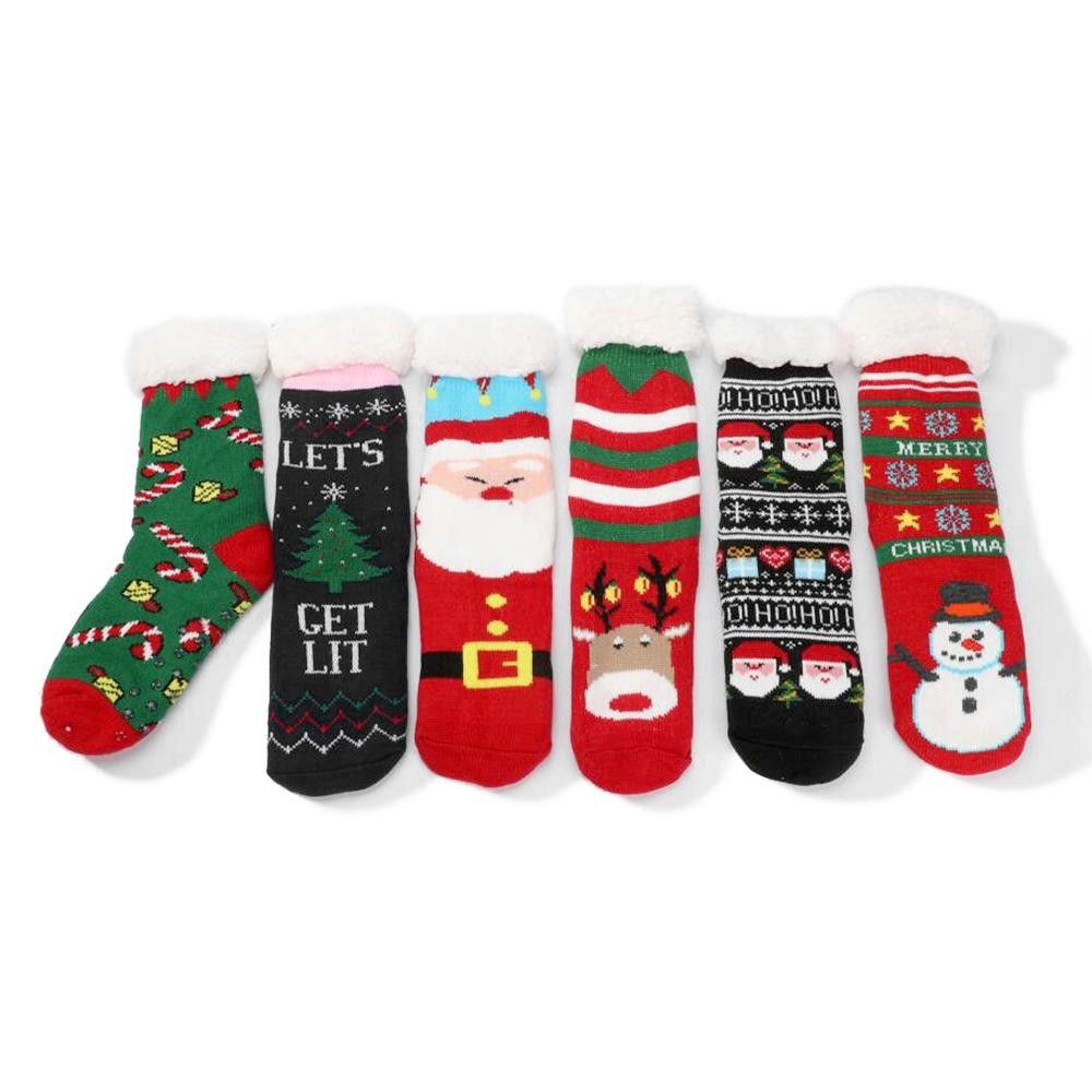 Assorted Christmas Sherpa Socks (6-pack) - Sherpa Lined - Rubber Dot Traction Bottom - One Size Fits Most - 50% Acrylic / 50% Polyester view 2