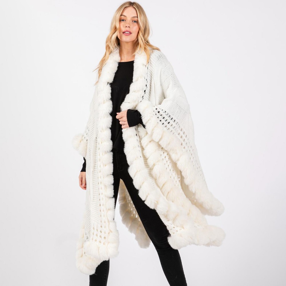 Cable Knit Ruana Wrap With Faux Fur Edges - One Size Fits Most 0-14 - 80% Acrylic / 20% Polyester view 4