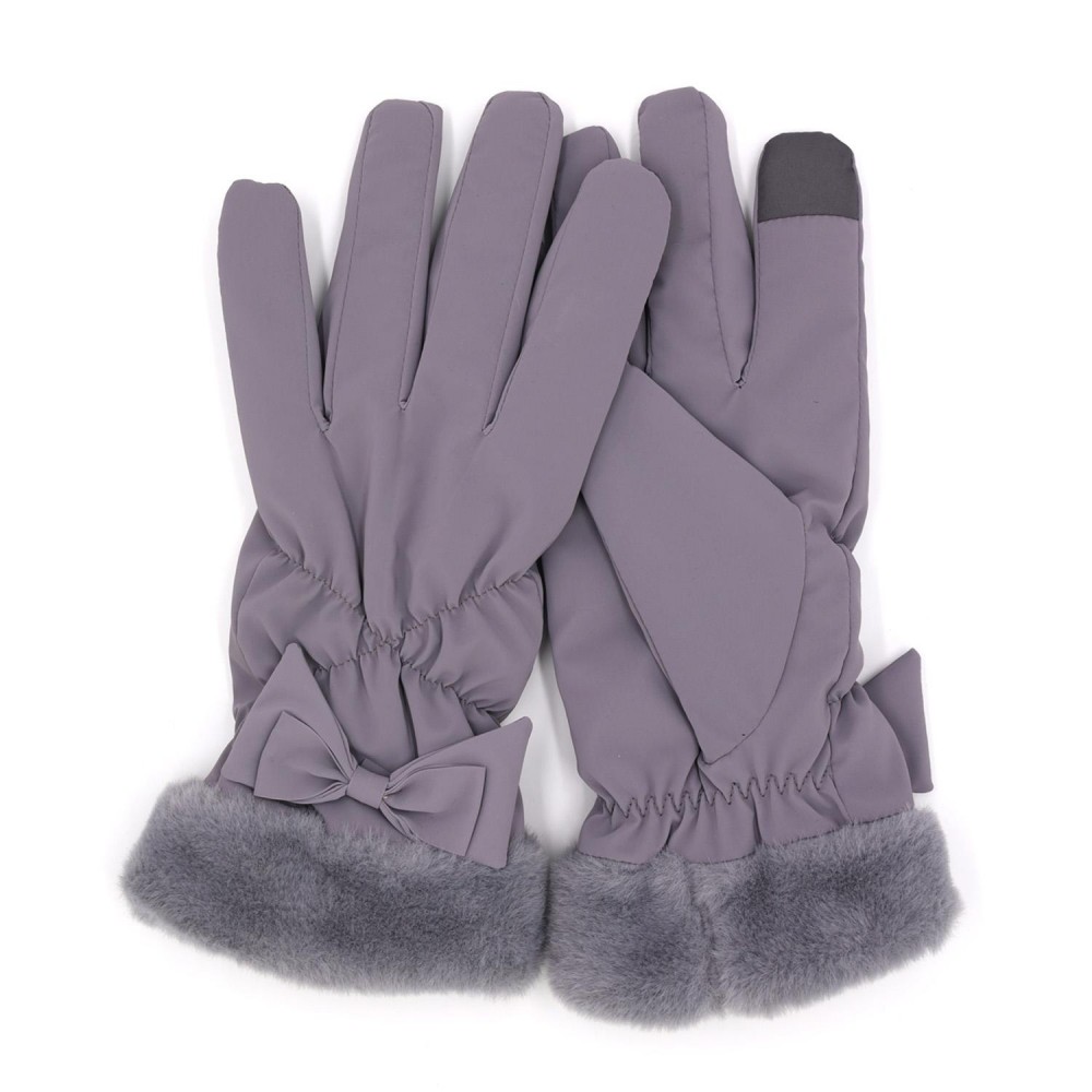 Faux Fur Cuffed Water Resistant Gloves With Bow Detail - Touch Screen Compatible - Fuzzy Lined - One Size Fits Most - 100% Polyester view 2