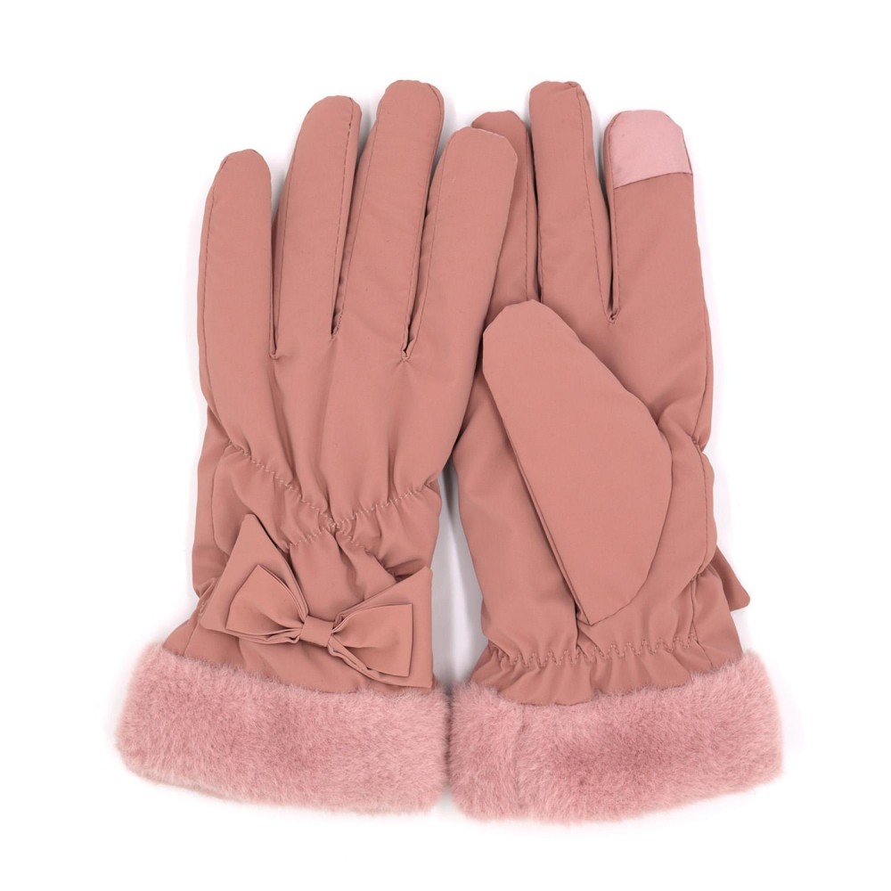 Faux Fur Cuffed Water Resistant Gloves With Bow Detail - Touch Screen Compatible - Fuzzy Lined - One Size Fits Most - 100% Polyester view 2