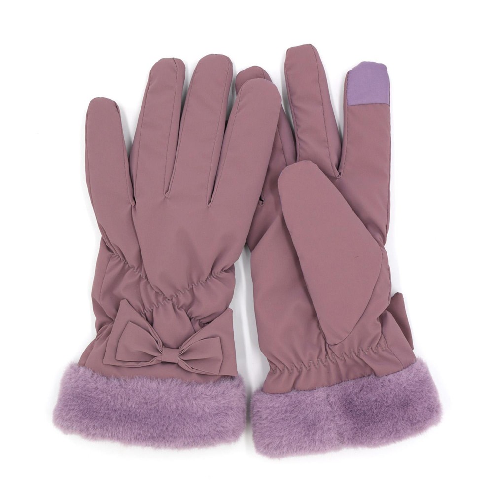 Faux Fur Cuffed Water Resistant Gloves With Bow Detail - Touch Screen Compatible - Fuzzy Lined - One Size Fits Most - 100% Polyester view 2