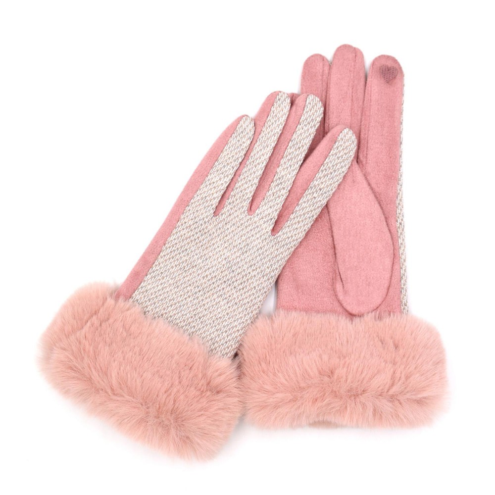 Faux Fur Cuffed Faux Suede Gloves With Woven Tinsel Detail - Touch Screen Compatible - Velvet Lined - One Size Fits Most - 100% Polyester view 2