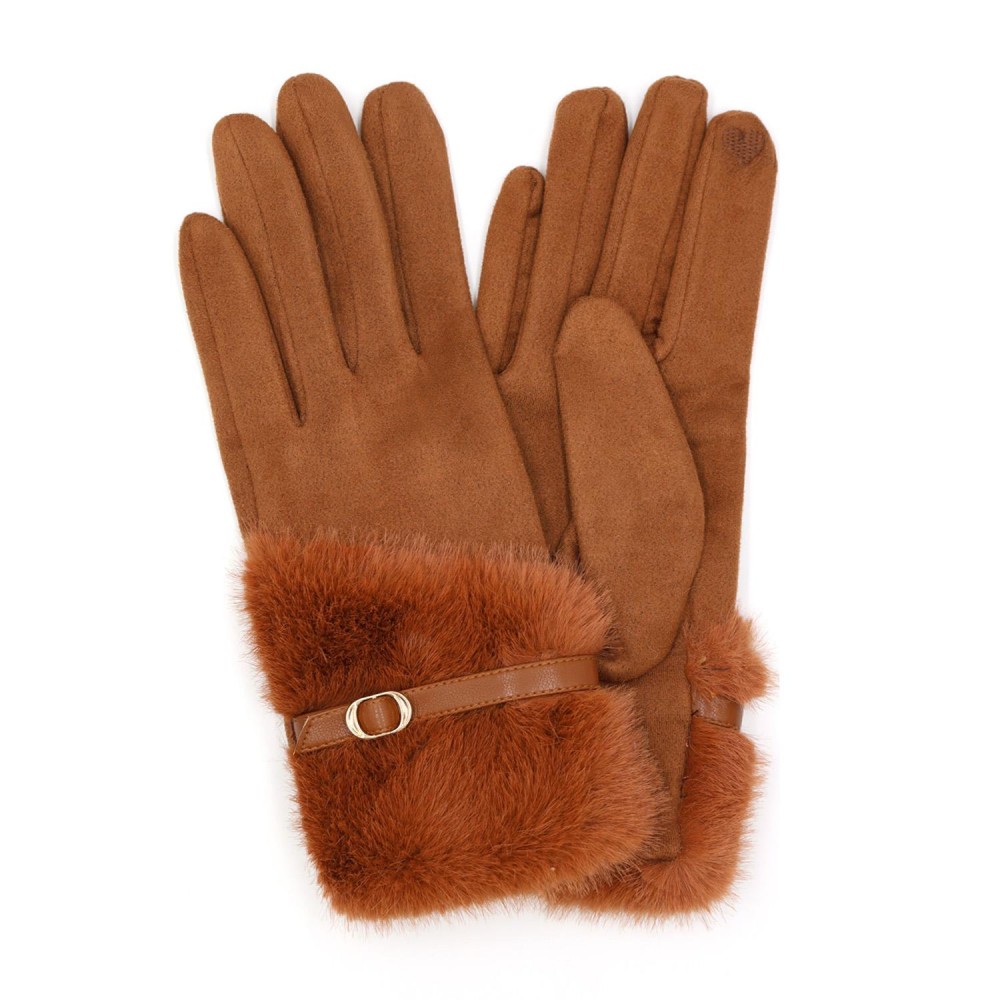 Faux Fur Cuffed Faux Suede Gloves With Vegan Leather Buckle Detail - Touch Screen Compatible - Velvet Lined - One Size Fits Most - 100% Polyester view 2