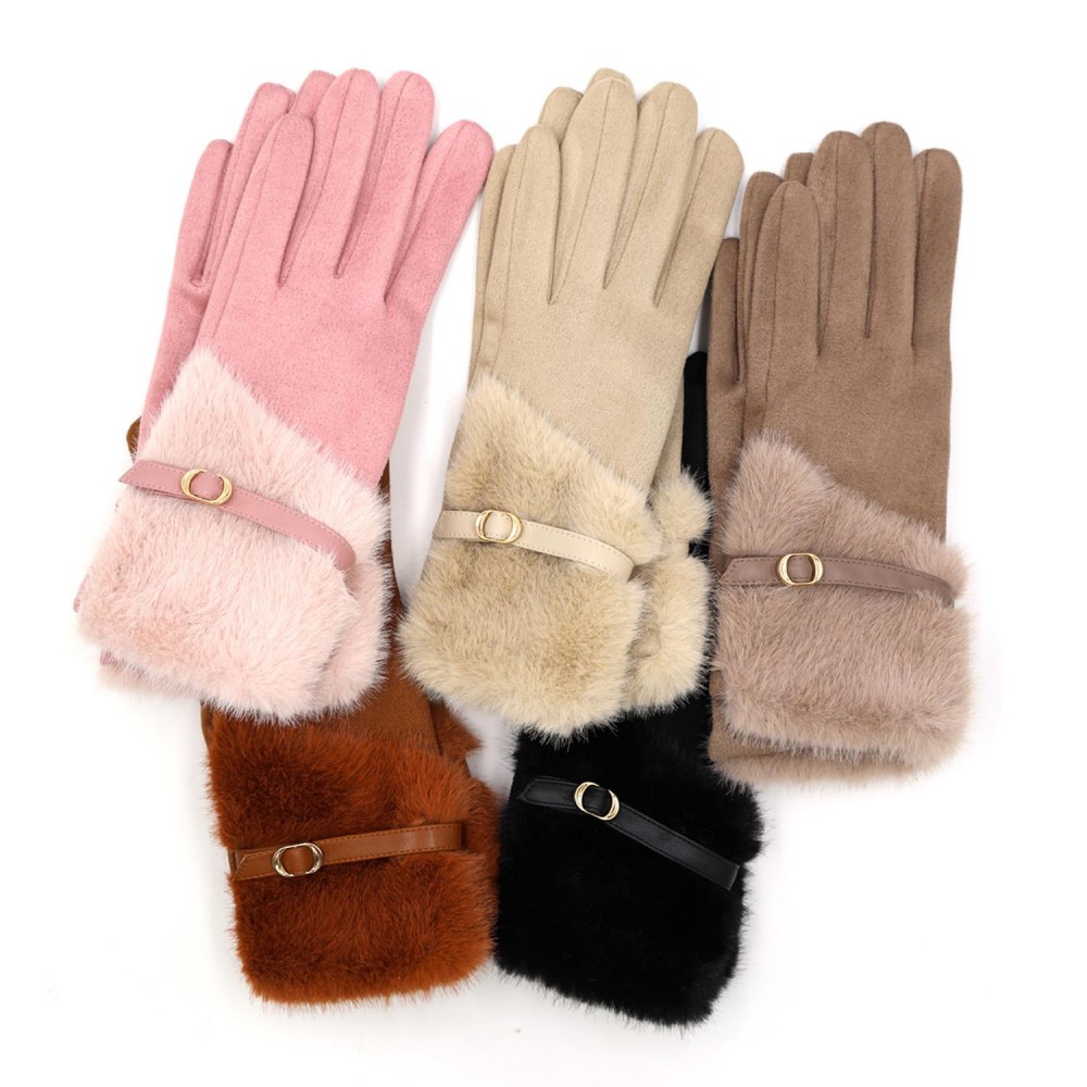 Faux Fur Cuffed Faux Suede Gloves With Vegan Leather Buckle Detail - Touch Screen Compatible - Velvet Lined - One Size Fits Most - 100% Polyester view 4