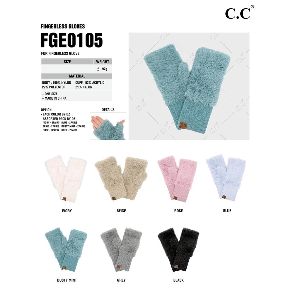 C.C FGE0105 Faux Fur Fingerless Gloves - One Size Fits Most - Body: 100% Nylon - Cuff: 52% Acrylic / 27% Polyester / 21% Nylon view 4