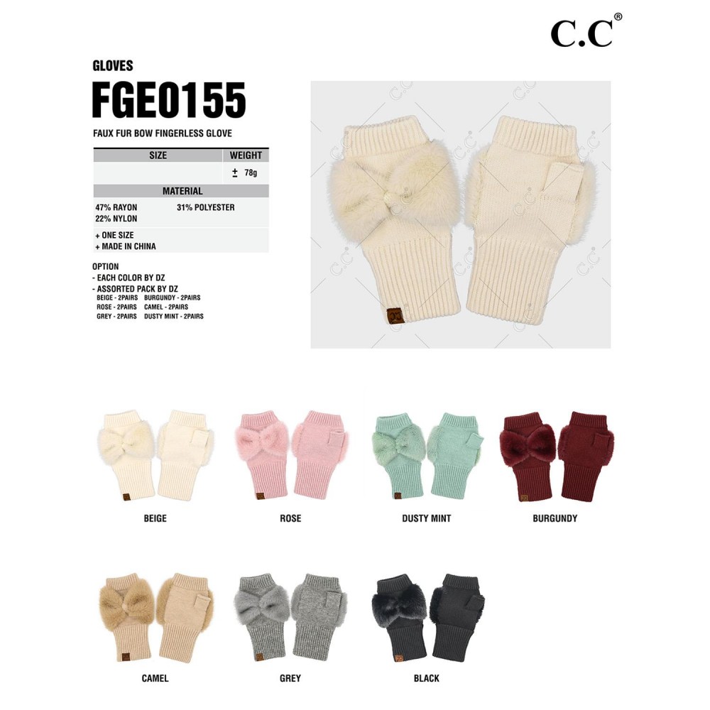 C.C FGE0155 Faux Fur Bow Fingerless Gloves - One Size Fits Most - 47% Nylon / 31% Polyester / 22% Nylon view 4