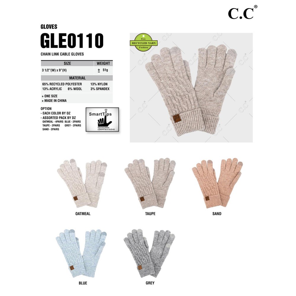 C.C GLE0110 Chain Link Cable Gloves - One Size Fits Most - Touchscreen Compatible - 65% Recycled Polyester / 13% Nylon / 13% Acrylic / 6% Wool / 3% Spandex view 4