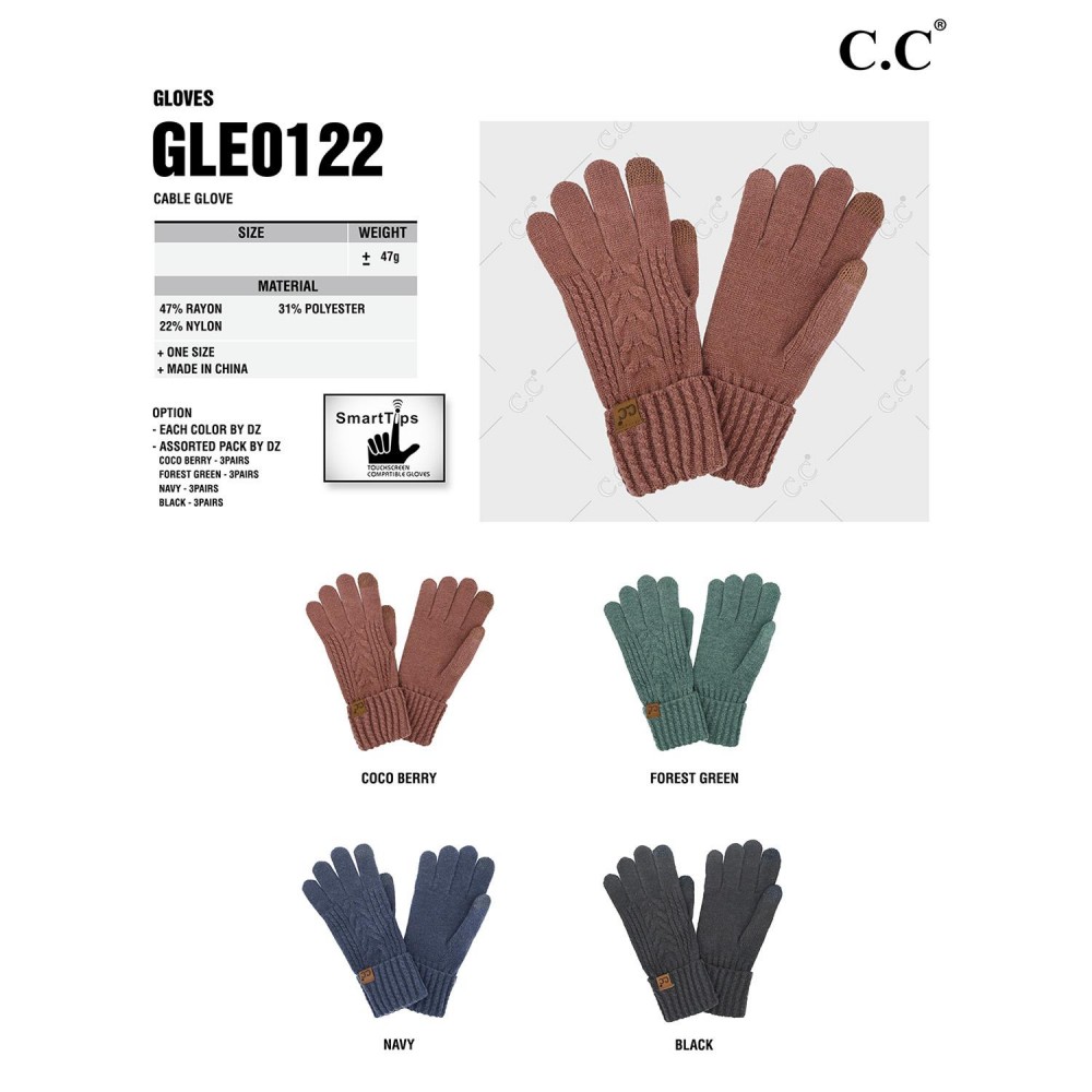 C.C GLE0122 Cable Knit Gloves - One Size Fits Most - Touchscreen Compatible - 47% Rayon / 31% Polyester / 22% Nylon view 4
