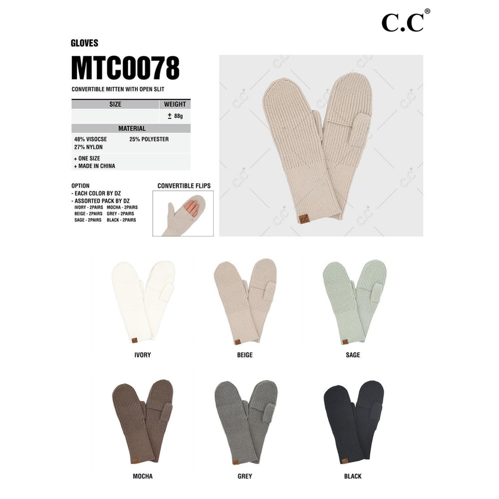 C.C MTC-0078 Convertible Mitten With Open Slit - One Size Fits Most - 48% Viscose / 25% Polyester / 27% Nylon view 4
