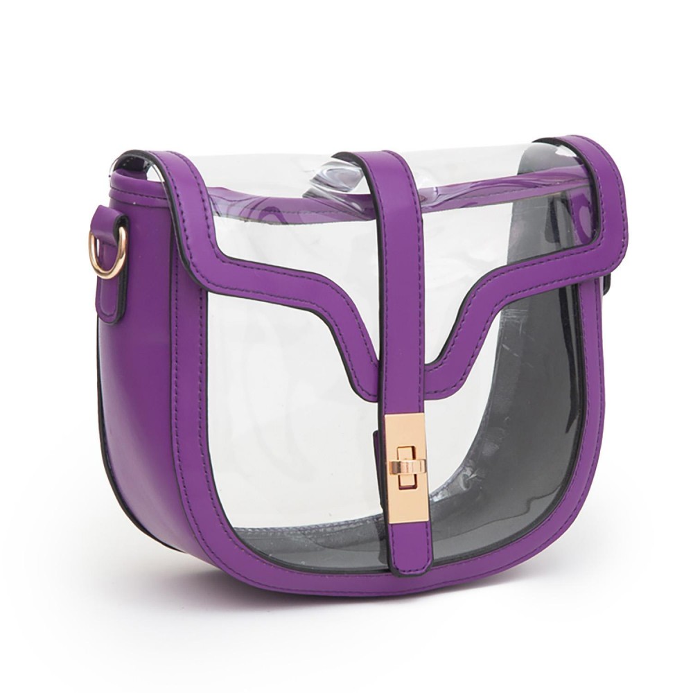 Clear Tote Bag With Vegan Leather Trim Featuring Twist Lock Buckle Closure - Removable Chain & Leather Strap - Approximately 7" T x 8" L x 3" W - Strap Drop 12" L view 2