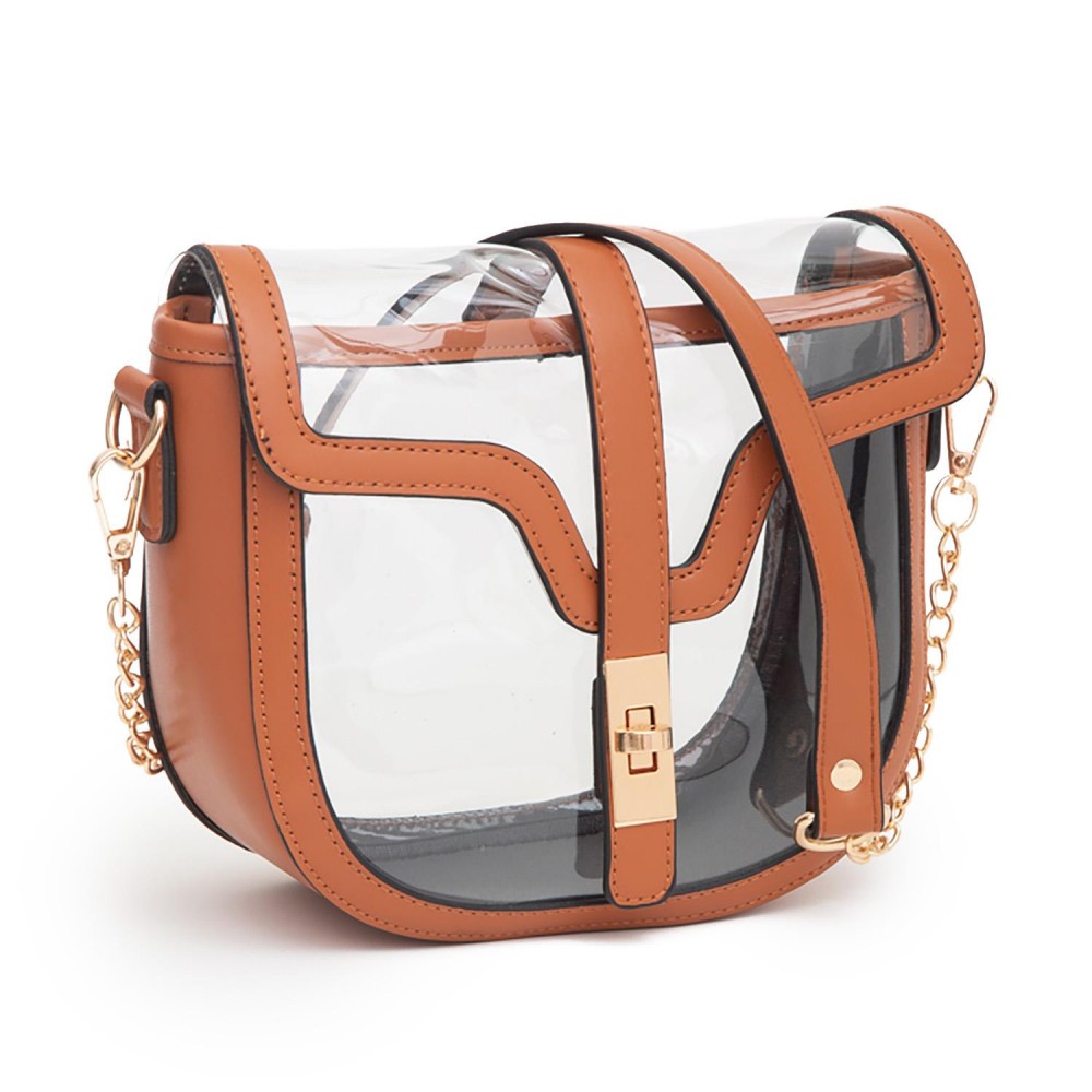 Clear Tote Bag With Vegan Leather Trim Featuring Twist Lock Buckle Closure - Removable Chain & Leather Strap - Approximately 7" T x 8" L x 3" W - Strap Drop 12" L view 2
