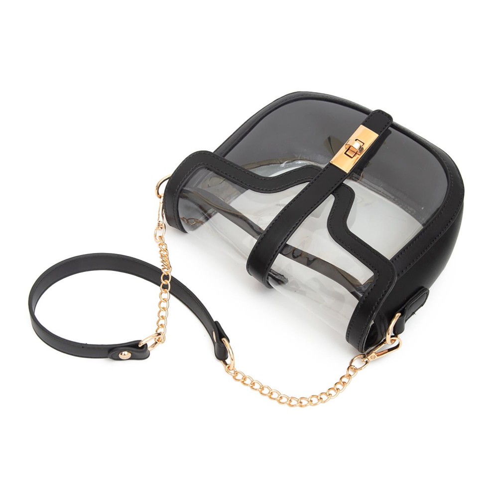 Clear Tote Bag With Vegan Leather Trim Featuring Twist Lock Buckle Closure - Removable Chain & Leather Strap - Approximately 7" T x 8" L x 3" W - Strap Drop 12" L view 4