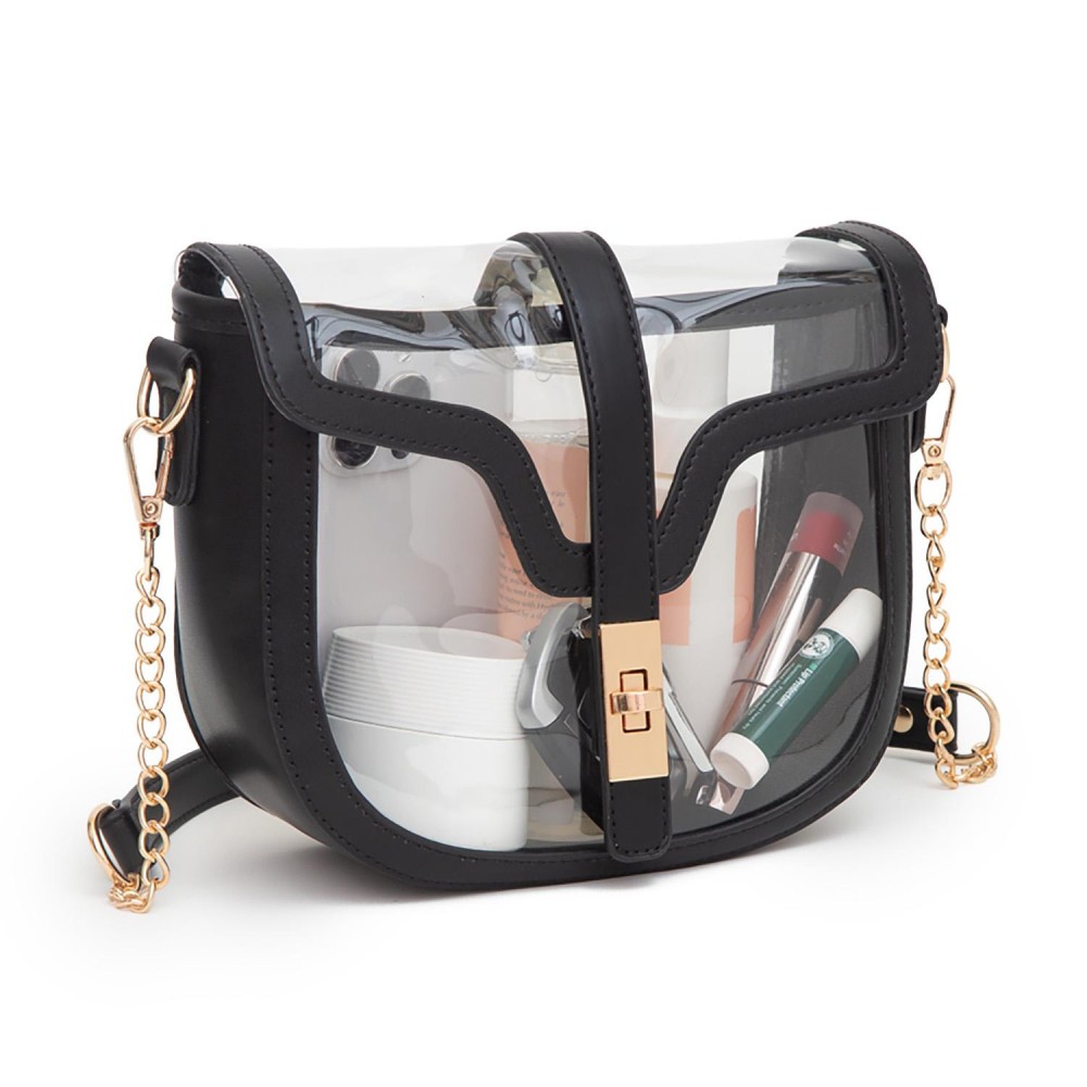 Clear Tote Bag With Vegan Leather Trim Featuring Twist Lock Buckle Closure - Removable Chain & Leather Strap - Approximately 7" T x 8" L x 3" W - Strap Drop 12" L view 6