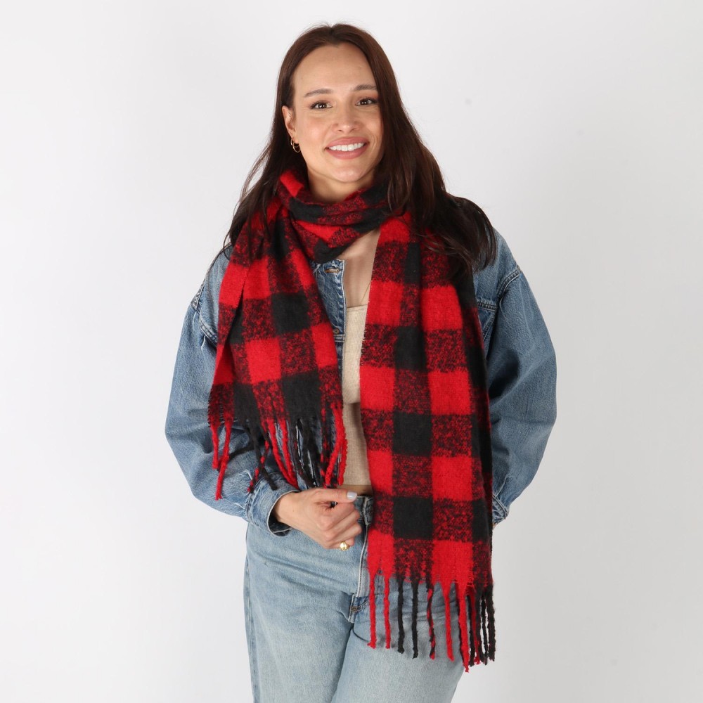 Soft Buffalo Plaid Scarf With Tassel Detail - One Size - Approximately 13" W X 72" L - 100% Polyester view 2