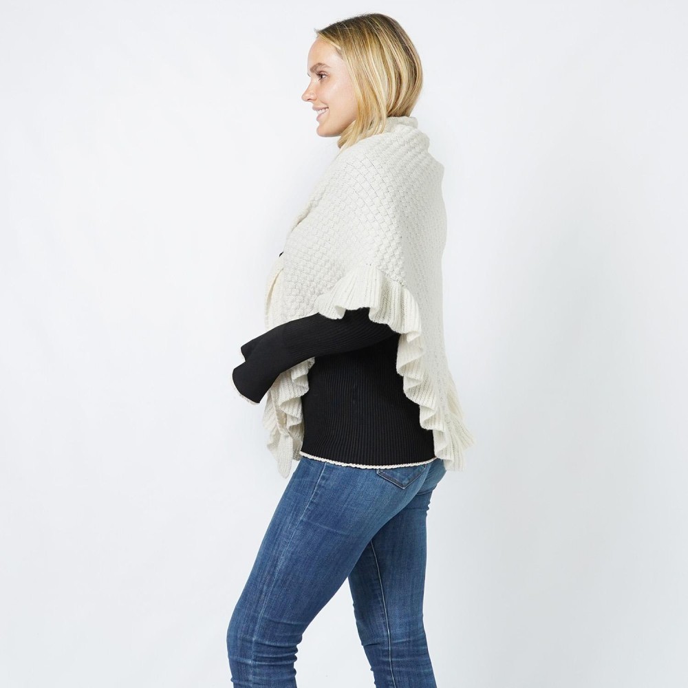 Checker Knit Scarf Wrap With Ruffled Edges & Vegan Leather Buckle Detail - One Size Fits Most (0-14) - 100% Polyester view 4