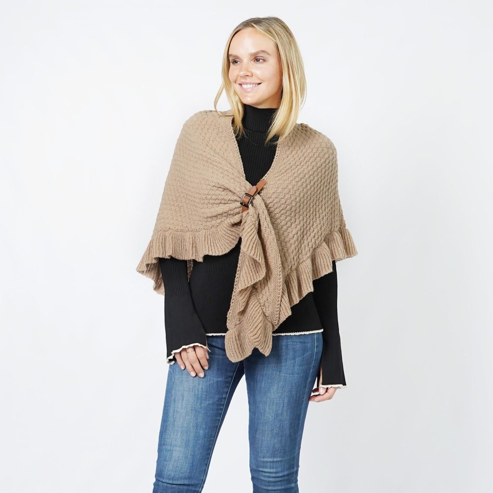 Checker Knit Scarf Wrap With Ruffled Edges & Vegan Leather Buckle Detail - One Size Fits Most (0-14) - 100% Polyester view 2