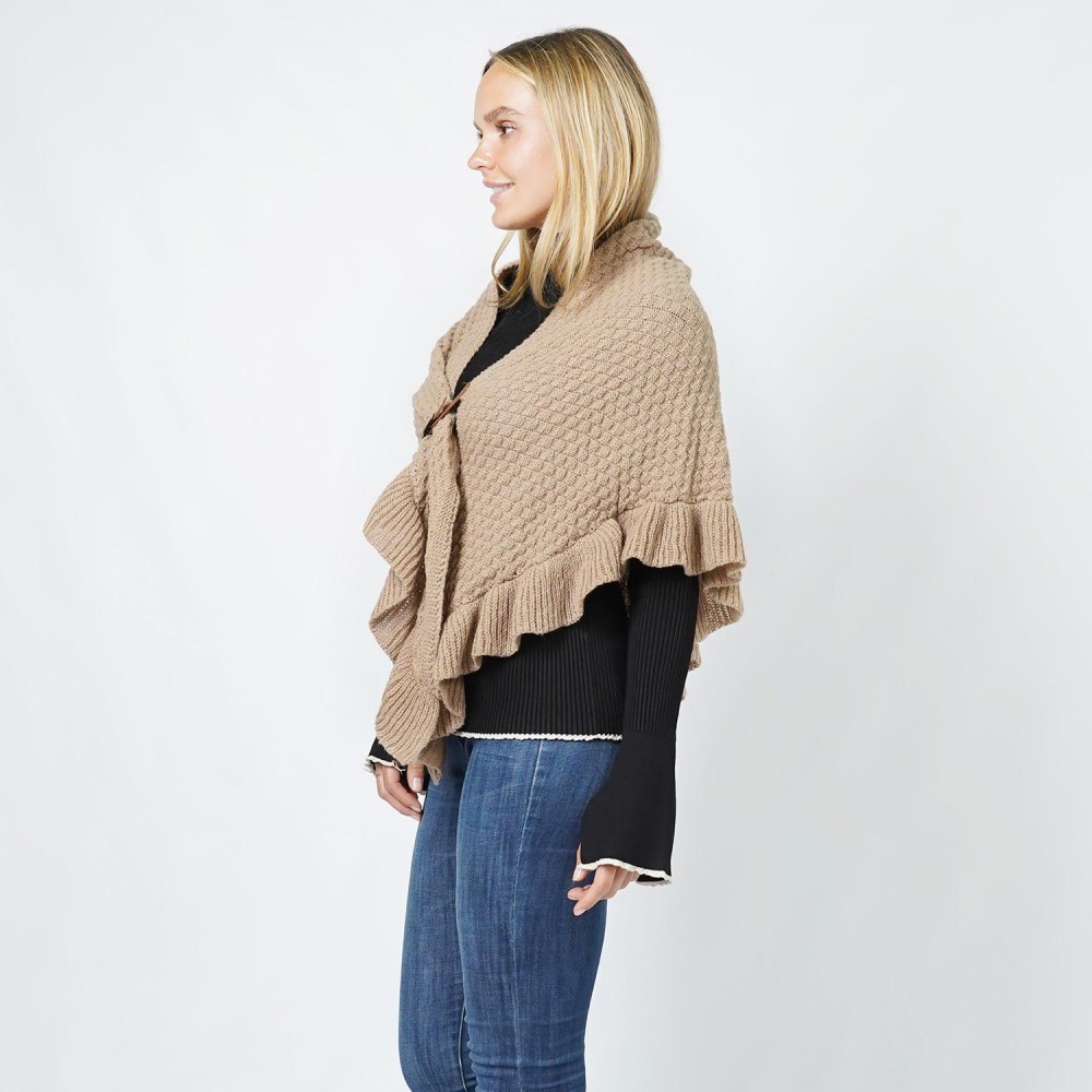 Checker Knit Scarf Wrap With Ruffled Edges & Vegan Leather Buckle Detail - One Size Fits Most (0-14) - 100% Polyester view 4