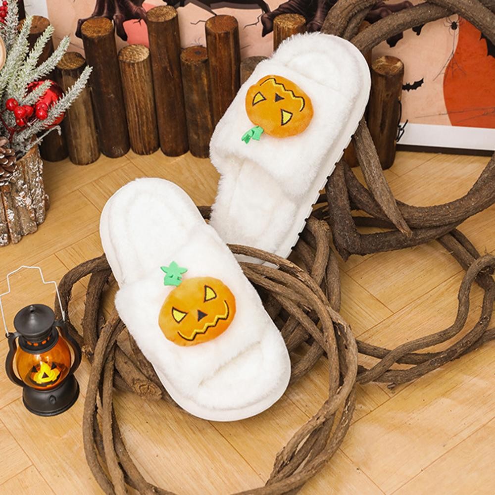 Faux Fur Open Toe Jack-O'- Lantern Slippers - US Women's Size: S/M (6-8) M/L (8-10) - Thick Rubber Sole view 4