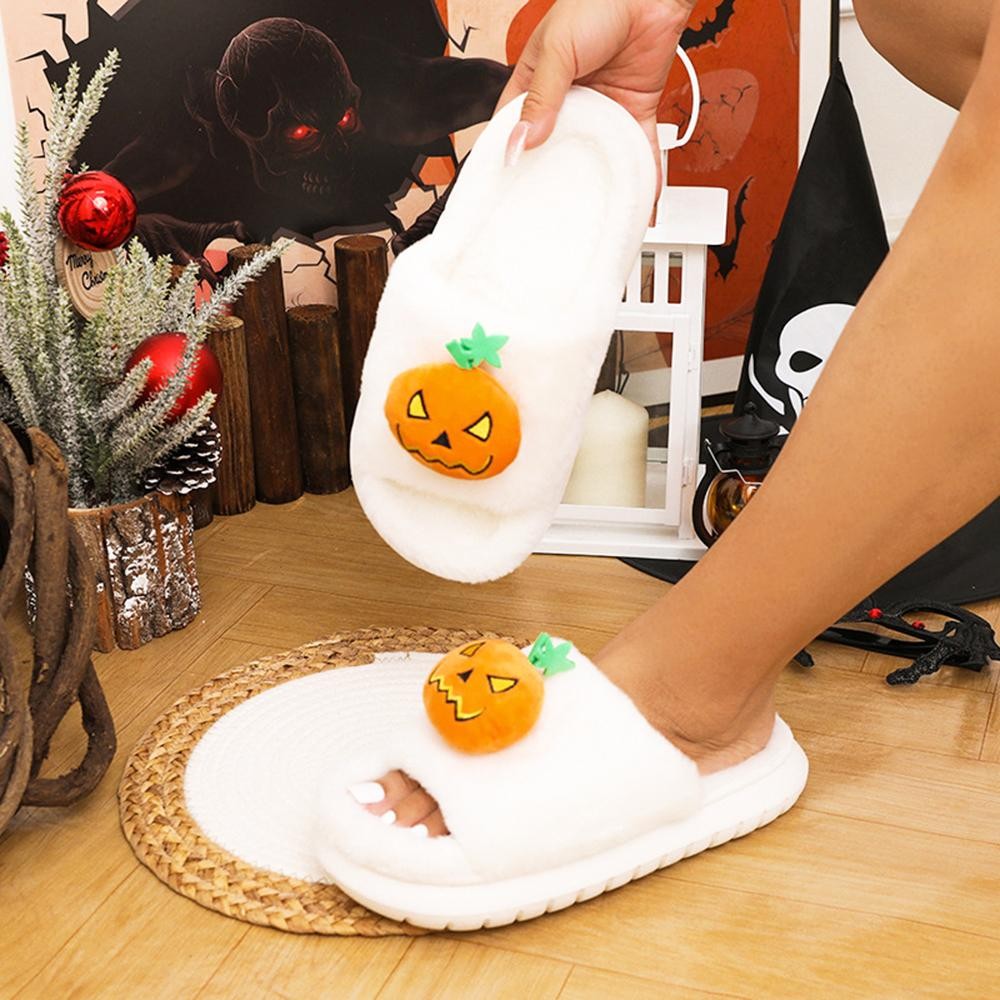 Faux Fur Open Toe Jack-O'- Lantern Slippers - US Women's Size: S/M (6-8) M/L (8-10) - Thick Rubber Sole view 2