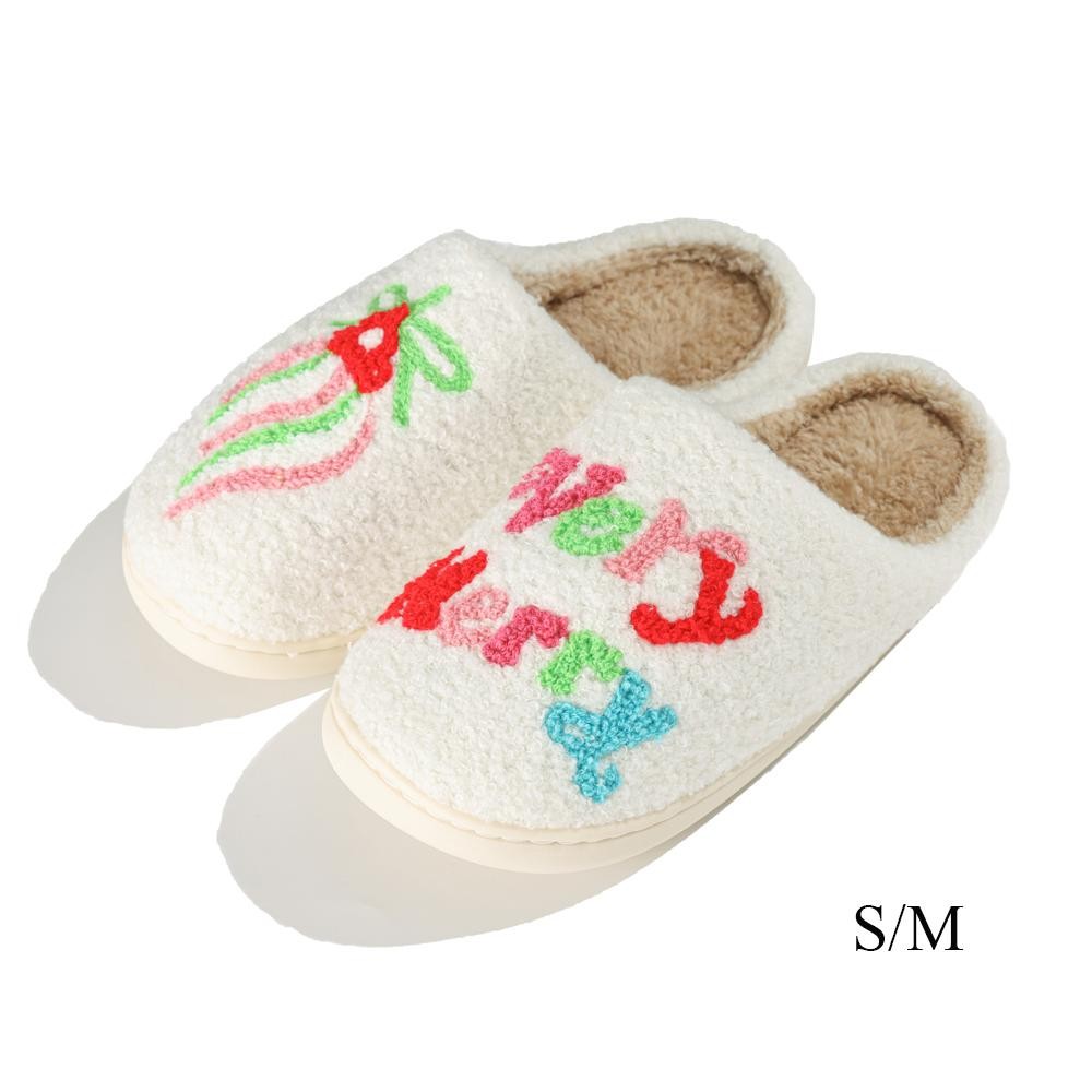 Plush "Very Merry" Slide On Slippers - US Women's Size: S/M (6-8) M/L (8-10) - 100% Polyester - Rubber Sole view 2