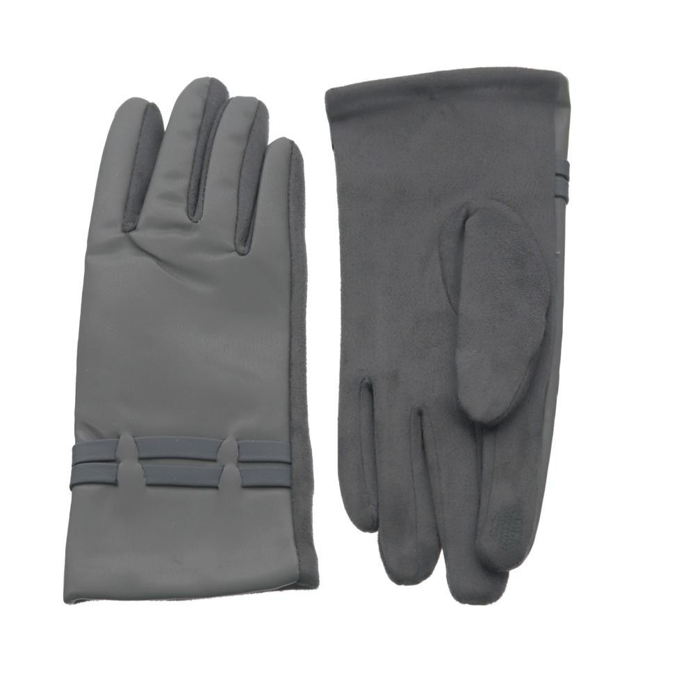 Vegan Leather Gloves With Double Wristband Accent - Touch Screen Compatible - One Size Fits Most - 50% Polyester / 50% PU view 2