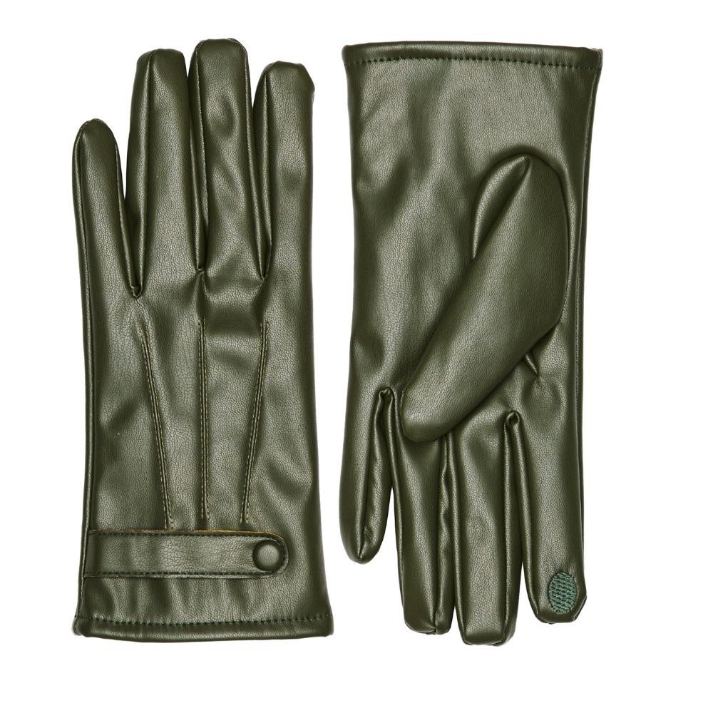 Vegan Leather Gloves With Button Wrist Strap Detail - Touch Screen Compatible - One Size Fits Most - 100% PU view 2
