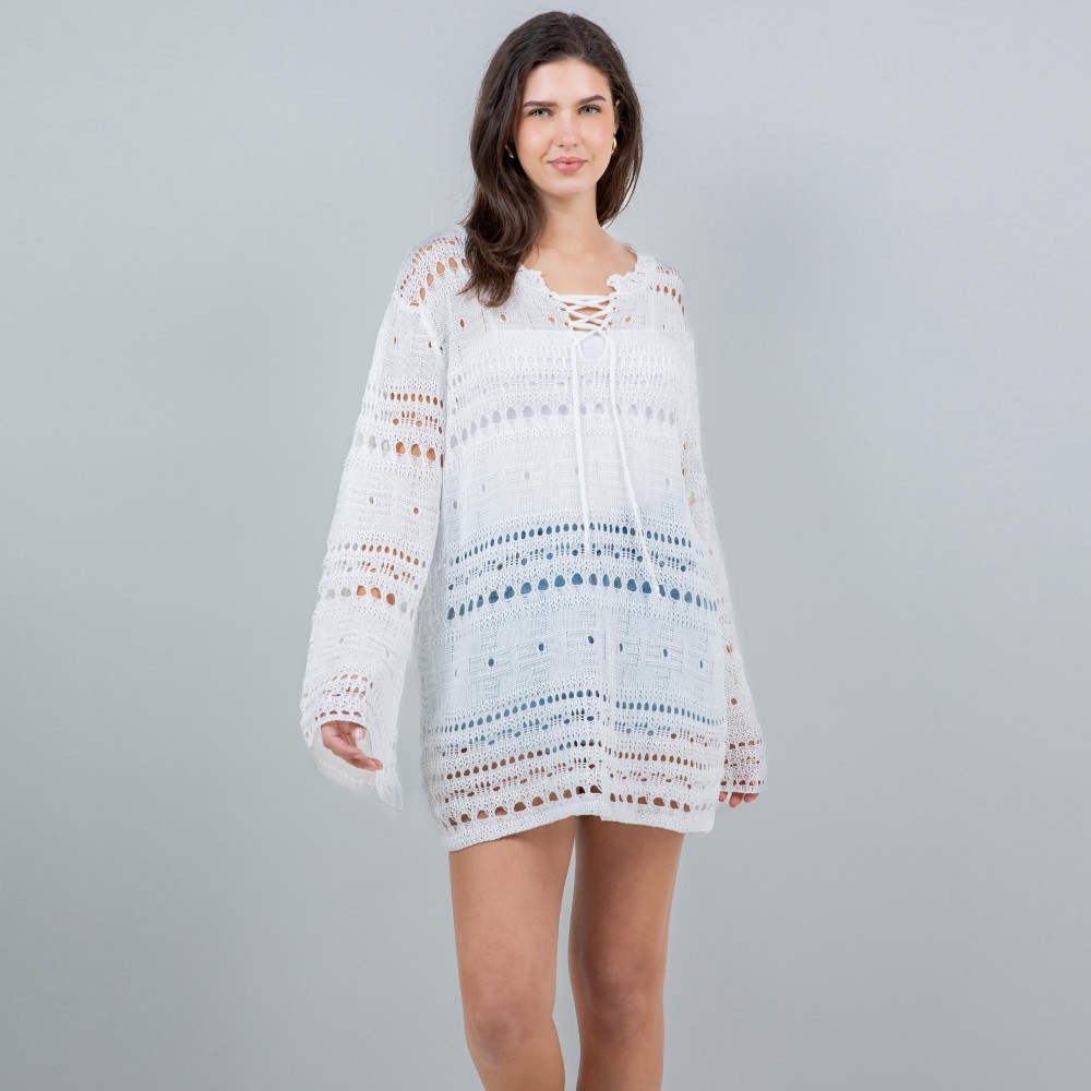 Open Knit Flare Sleeve Swim Suit Cover Up With Cross String Tie Detail - One Size Fits Most (0-14) - 100% Polyester view 4