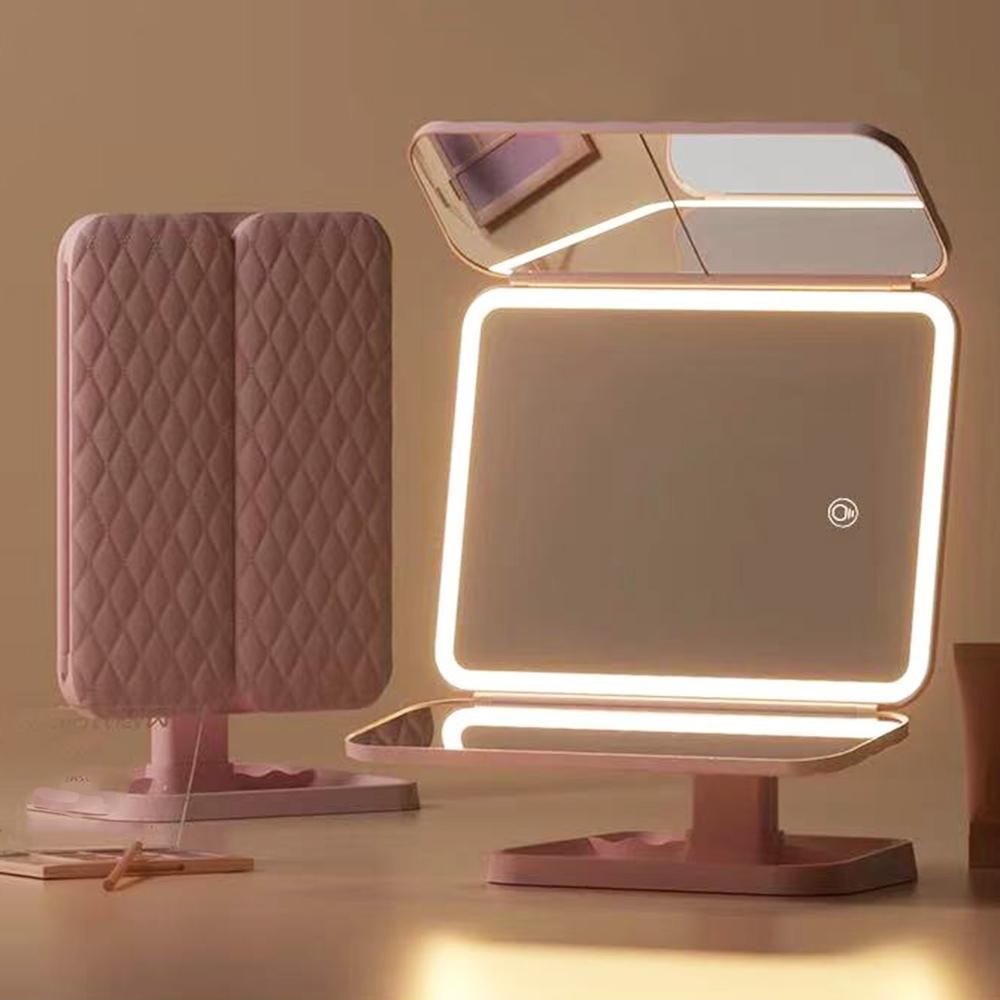 Tri Fold LED Table Mirror - USB Rechargeable (Charger Included) - 3 Light Settings - 4 Divided Mirrors - Approximately 9" T X 7" L view 4