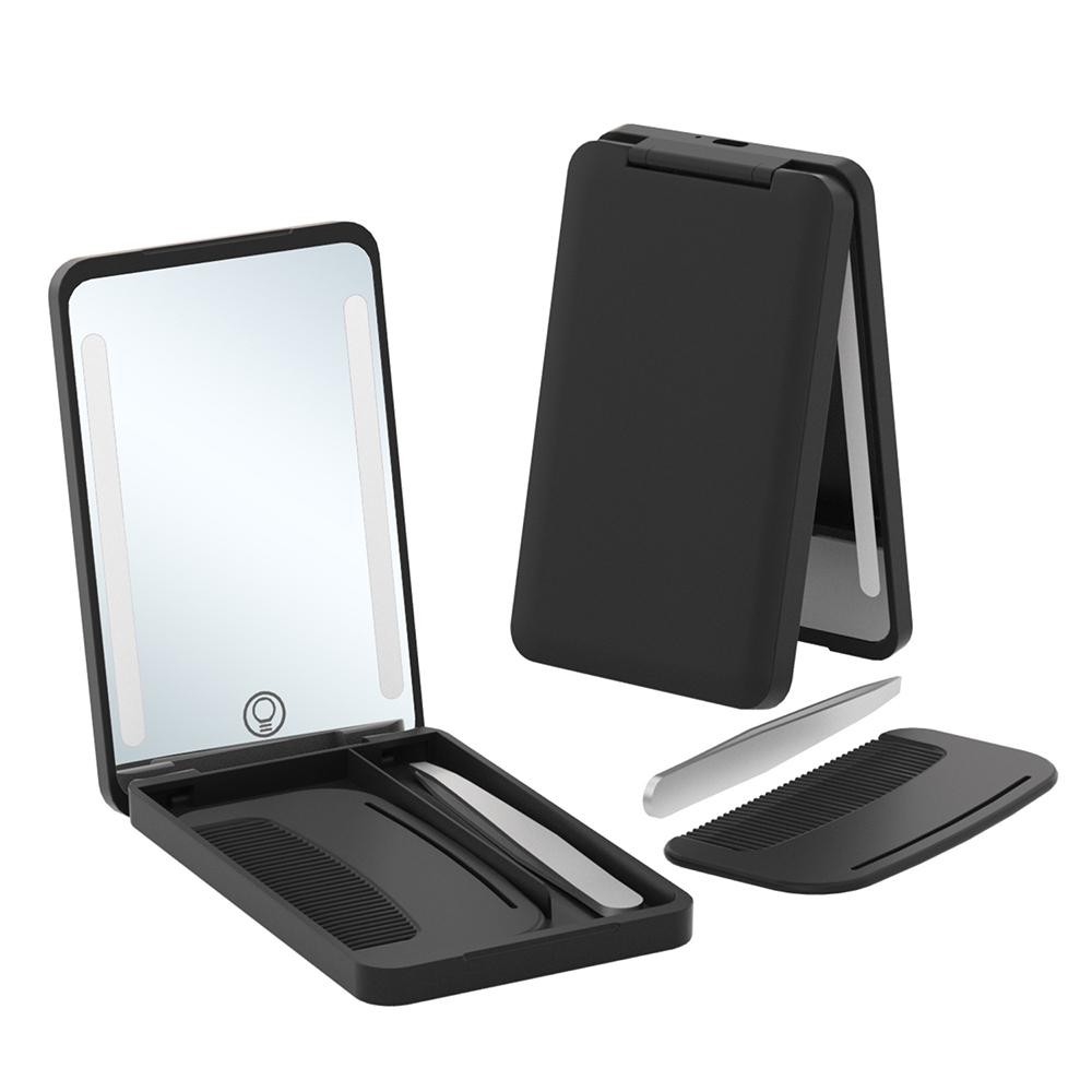 LED Compact Mirror With Comb & Tweezers - Magnifying - USB Rechargeable (Charger Included) - Diming - Approximately 4.75" T X 3" L view 2
