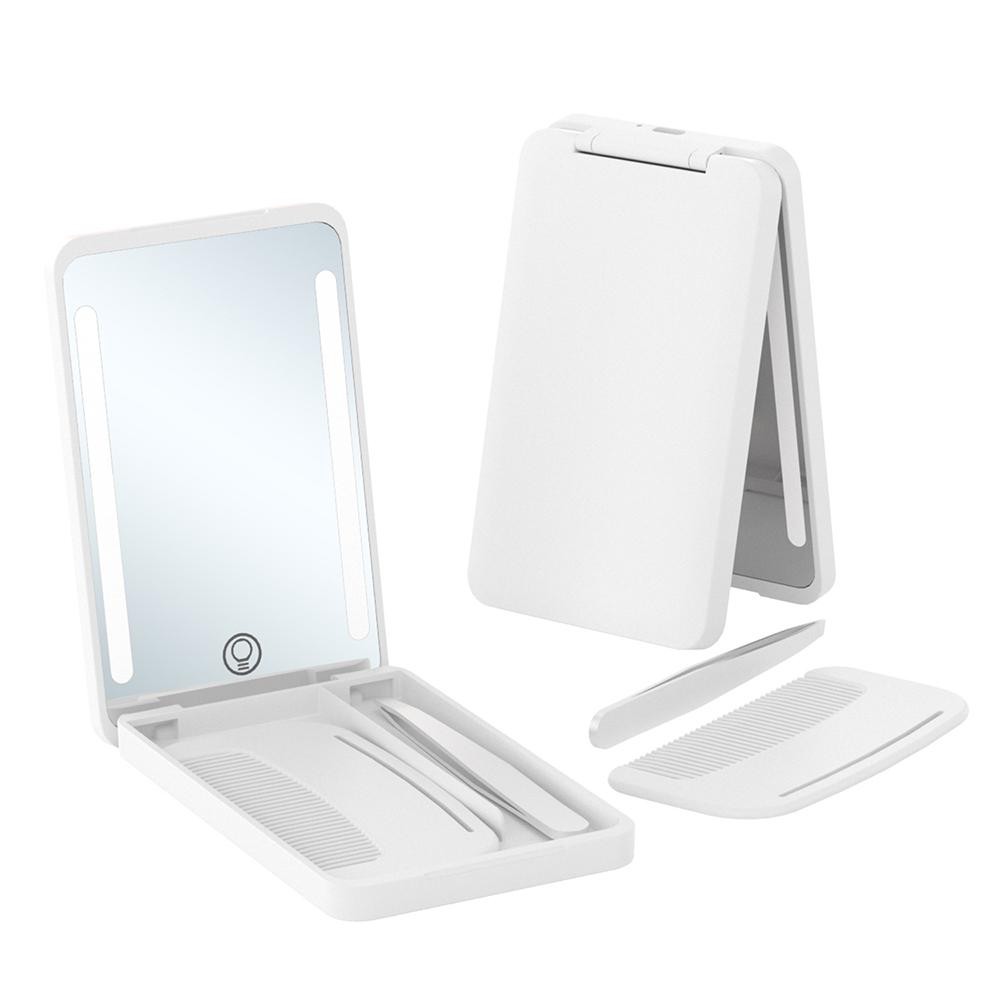 LED Compact Mirror With Comb & Tweezers - Magnifying - USB Rechargeable (Charger Included) - Diming - Approximately 4.75" T X 3" L view 2