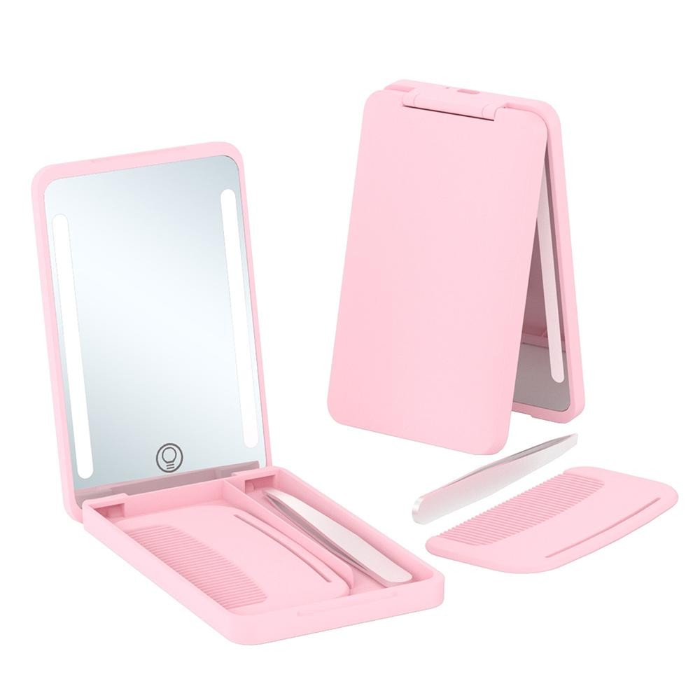 LED Compact Mirror With Comb & Tweezers - Magnifying - USB Rechargeable (Charger Included) - Diming - Approximately 4.75" T X 3" L view 2