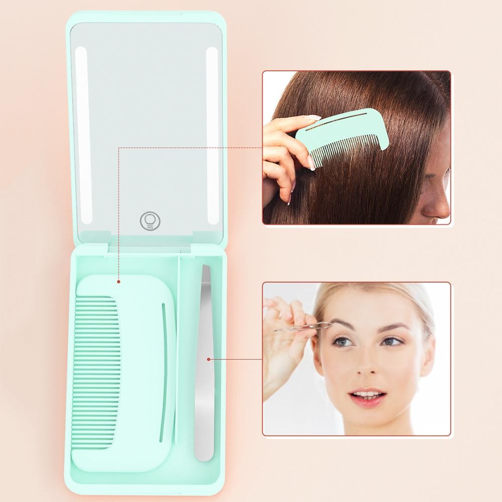 LED Compact Mirror With Comb & Tweezers - Magnifying - USB Rechargeable (Charger Included) - Diming - Approximately 4.75" T X 3" L view 4