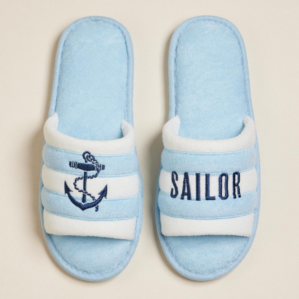 Terry Cloth "SAILOR" & Anchor Embroidered Poolside Slides (6-Pack) - Rubber Sole - Small (US 6-7), Medium (US 8-9), Large (US 10-11) - 50% Cotton, 50% Polyester view 2