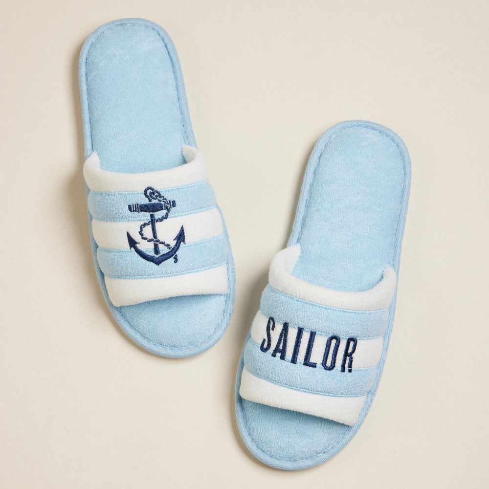 Terry Cloth "SAILOR" & Anchor Embroidered Poolside Slides (6-Pack) - Rubber Sole - Small (US 6-7), Medium (US 8-9), Large (US 10-11) - 50% Cotton, 50% Polyester view 4