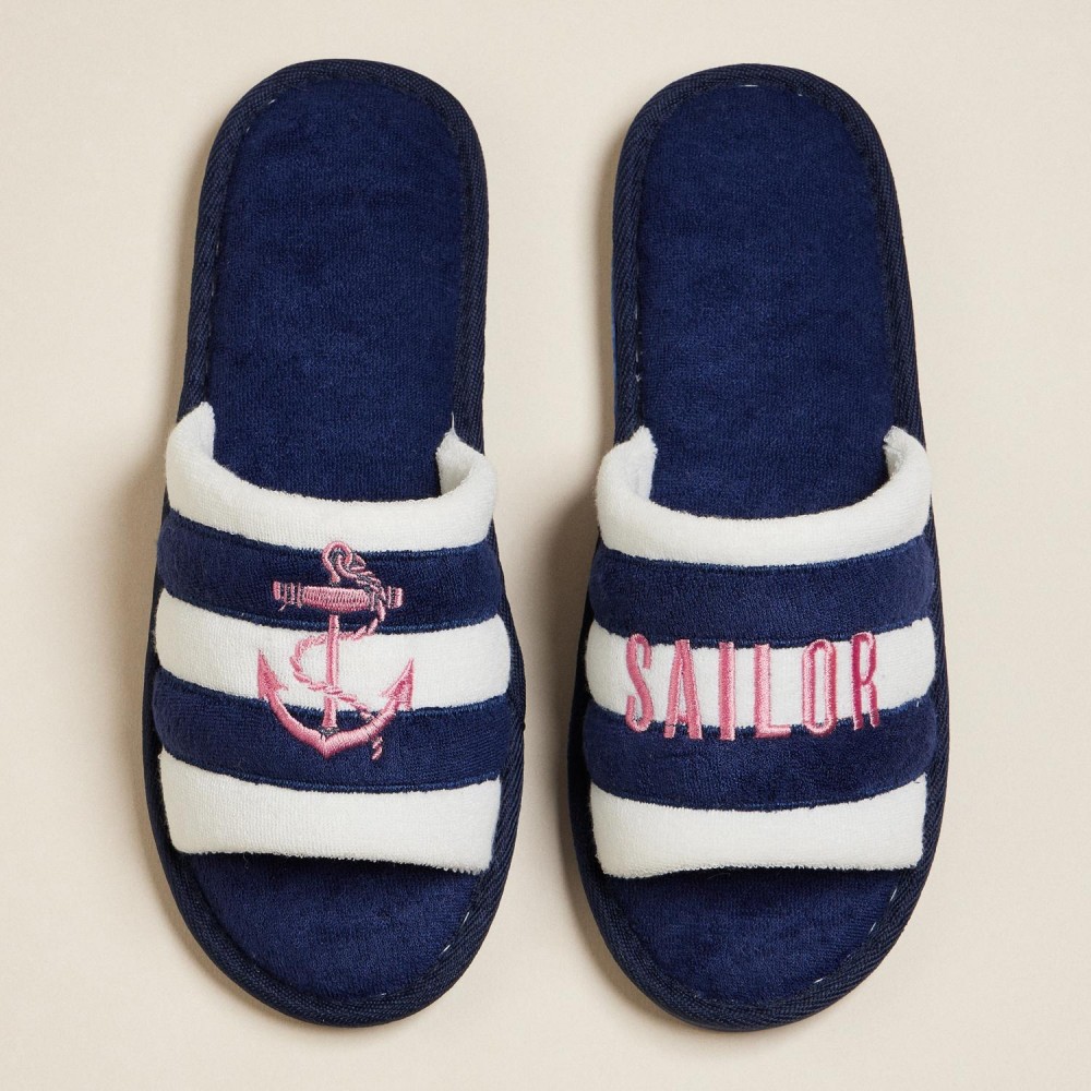 Terry Cloth "SAILOR" & Anchor Embroidered Poolside Slides (6-Pack) - Rubber Sole - Small (US 6-7), Medium (US 8-9), Large (US 10-11) - 50% Cotton, 50% Polyester view 2